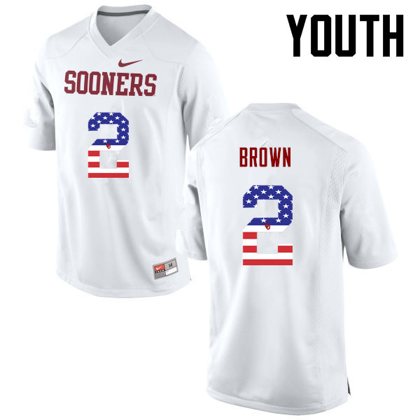 Youth Oklahoma Sooners #2 Tre Brown College Football USA Flag Fashion Jerseys-White - Click Image to Close